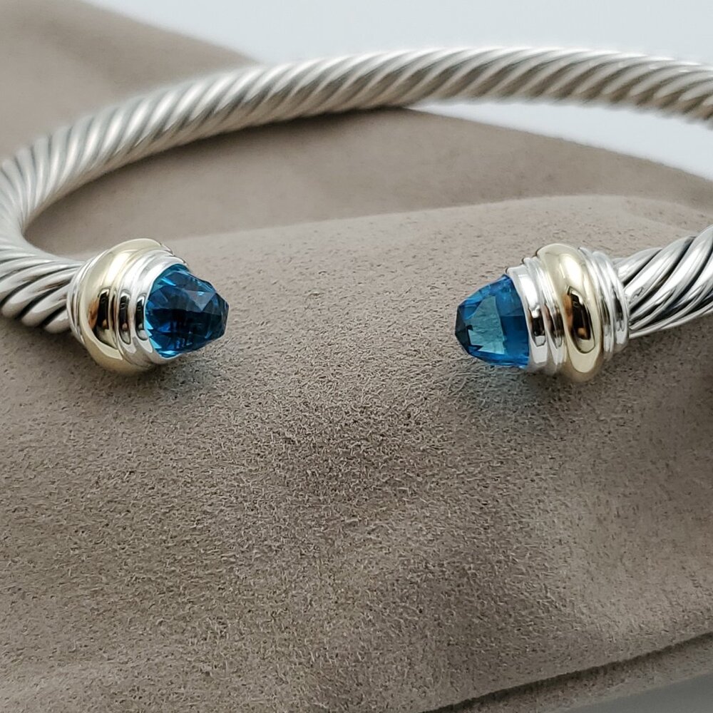 David Yurman Sterling Silver Bracelet with 14K Yellow Gold and Blue Topaz, 5mm - Picture 5 of 5